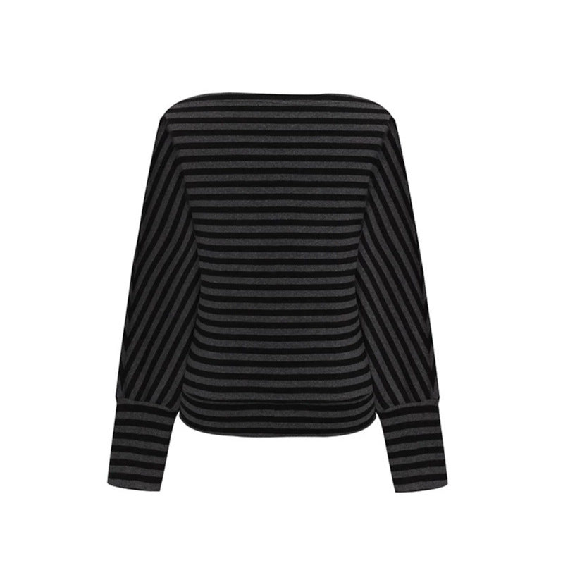 Women's Figure-hugging Striped Long Sleeve Shirt with Wide Boat Neck and Cropped Batwing Sleeves Amarae