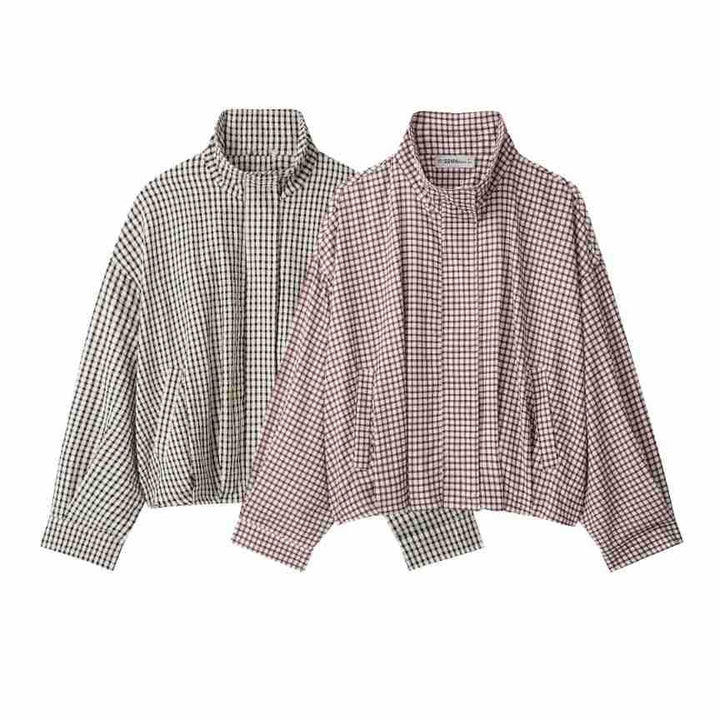 Women's checked overshirt with stand-up collar and boxy cropped silhouette Amarae