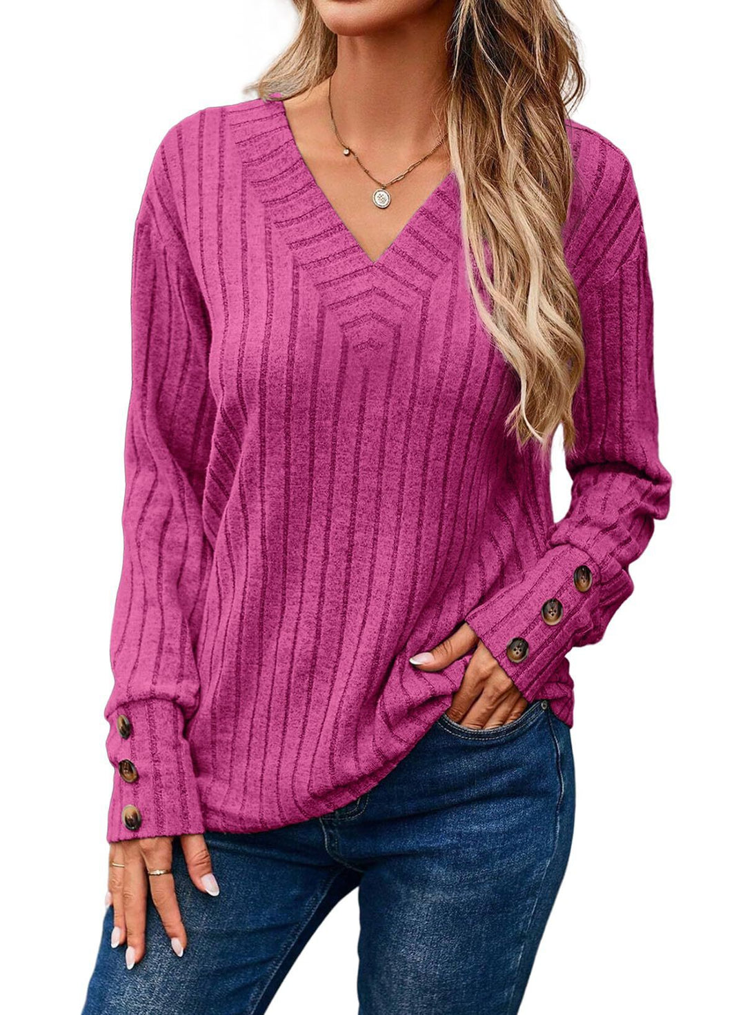 Women's Ribbed V-Neck Knit Sweater with Button Cuffs Amarae