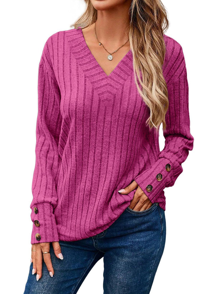 Women's Ribbed V-Neck Knit Sweater with Button Cuffs Amarae