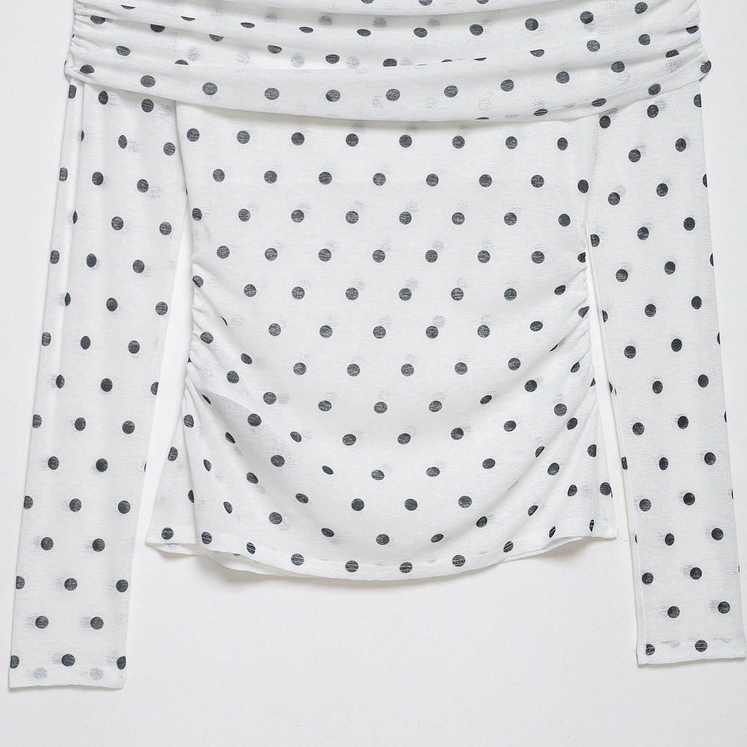 Women's Off-Shoulder Long Sleeve Top with Draped Overlap Collar and Polka Dot Pattern Amarae