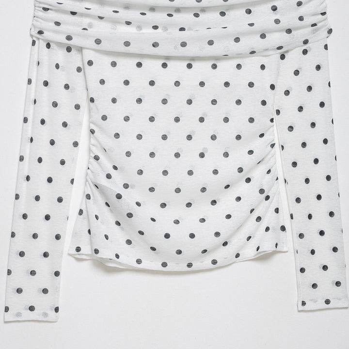 Women's Off-Shoulder Long Sleeve Top with Draped Overlap Collar and Polka Dot Pattern Amarae