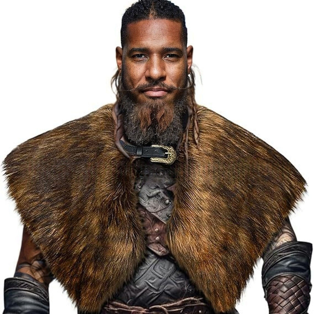 Men's historically inspired faux fur shoulder cape with leather straps Amarae