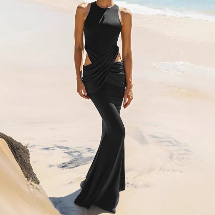 Ladies Elegant Maxi Dress with Subtle Draped Detail and Chic Side Cutouts