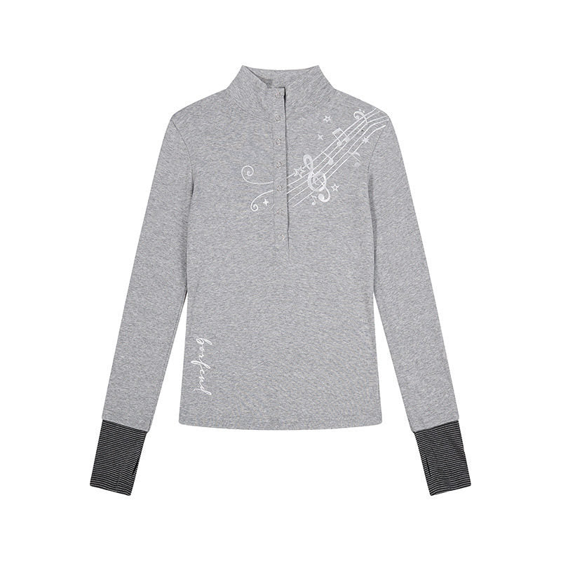 Women's Long Sleeve Polo Shirt with Stand-Up Collar, Button Placket and Note Print Amarae
