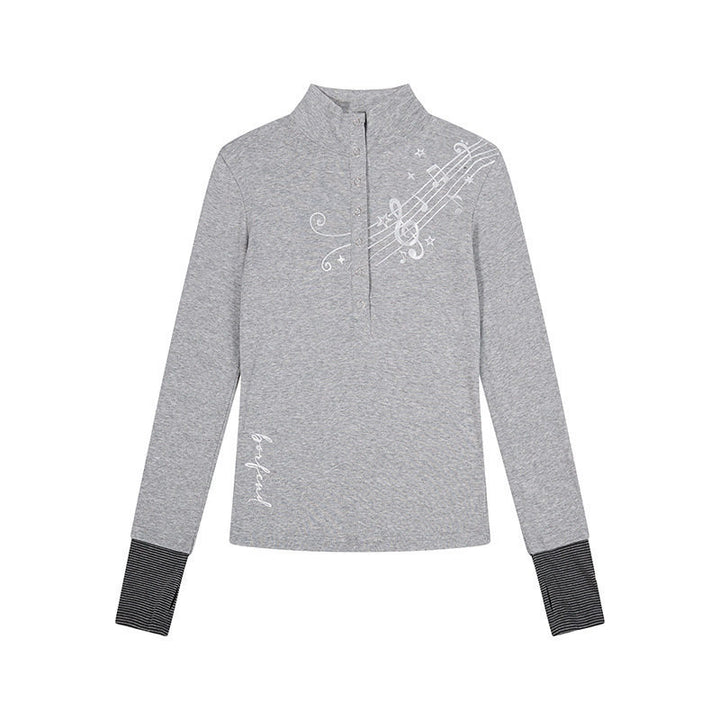 Women's Long Sleeve Polo Shirt with Stand-Up Collar, Button Placket and Note Print Amarae