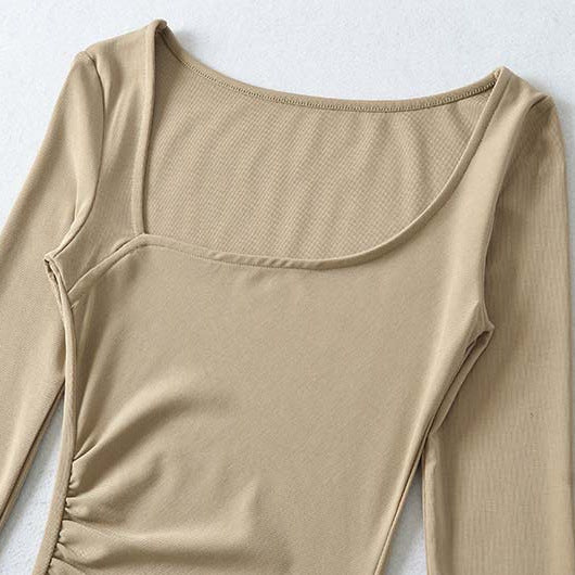 Women's Figure-hugging Midi Dress with Deep Round Neckline, Long Sleeves, and Side Gatherings
