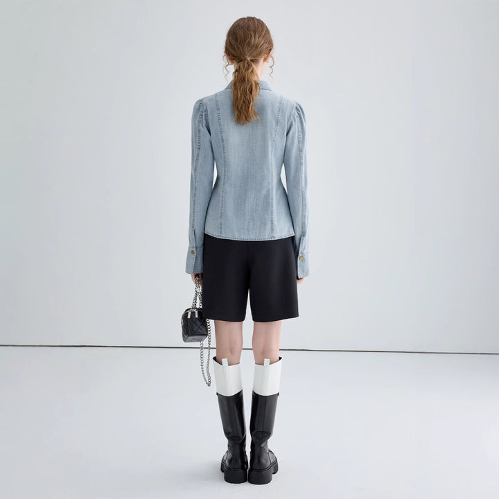 Elegant denim blouse for women with lace closure Lune London