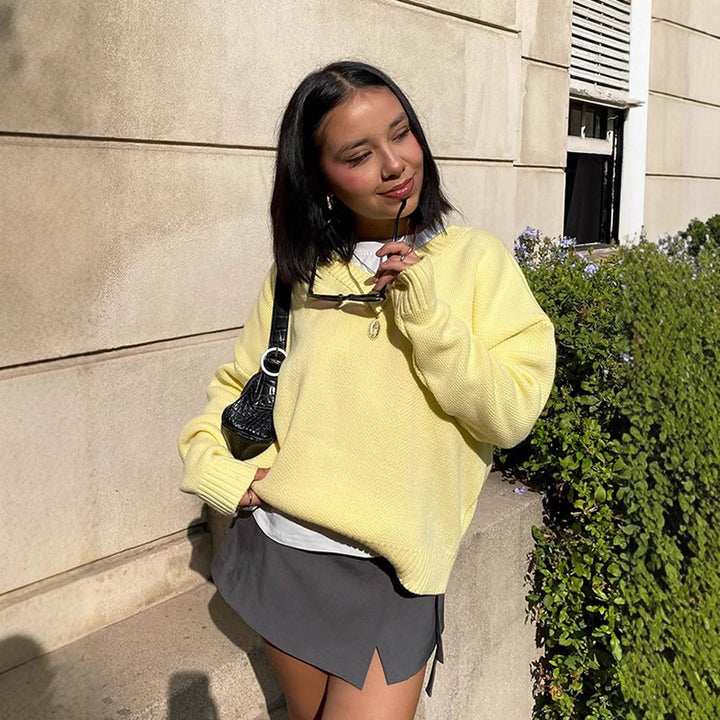 Women Oversize V-Neck Fine Knit Sweater with Structured Stitch Look and Ribbed Cuffs Amarae