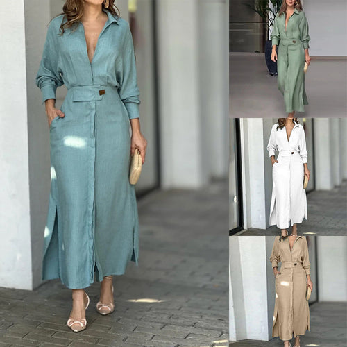 Elegant shirt dress for women with a belt at the waist and side slits Amarae