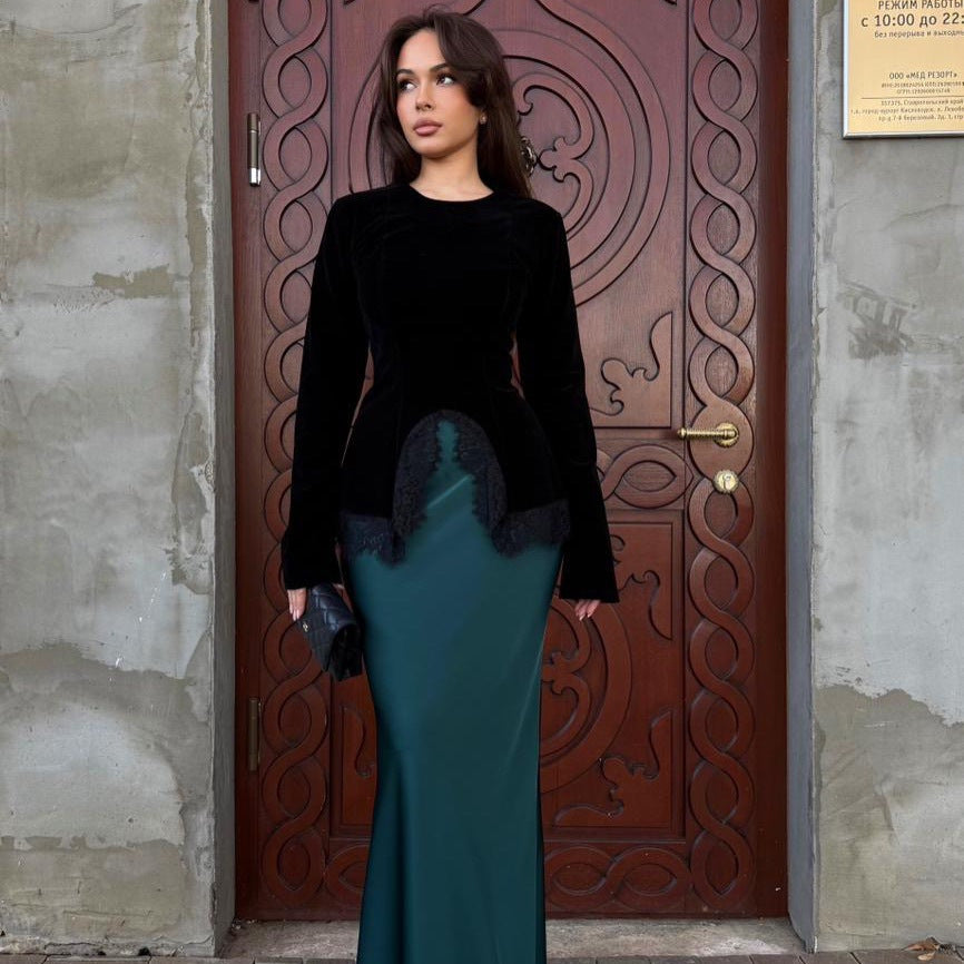 Ladies Velvet Long Sleeve with Lace Hem and Curved Front Detail Amarae