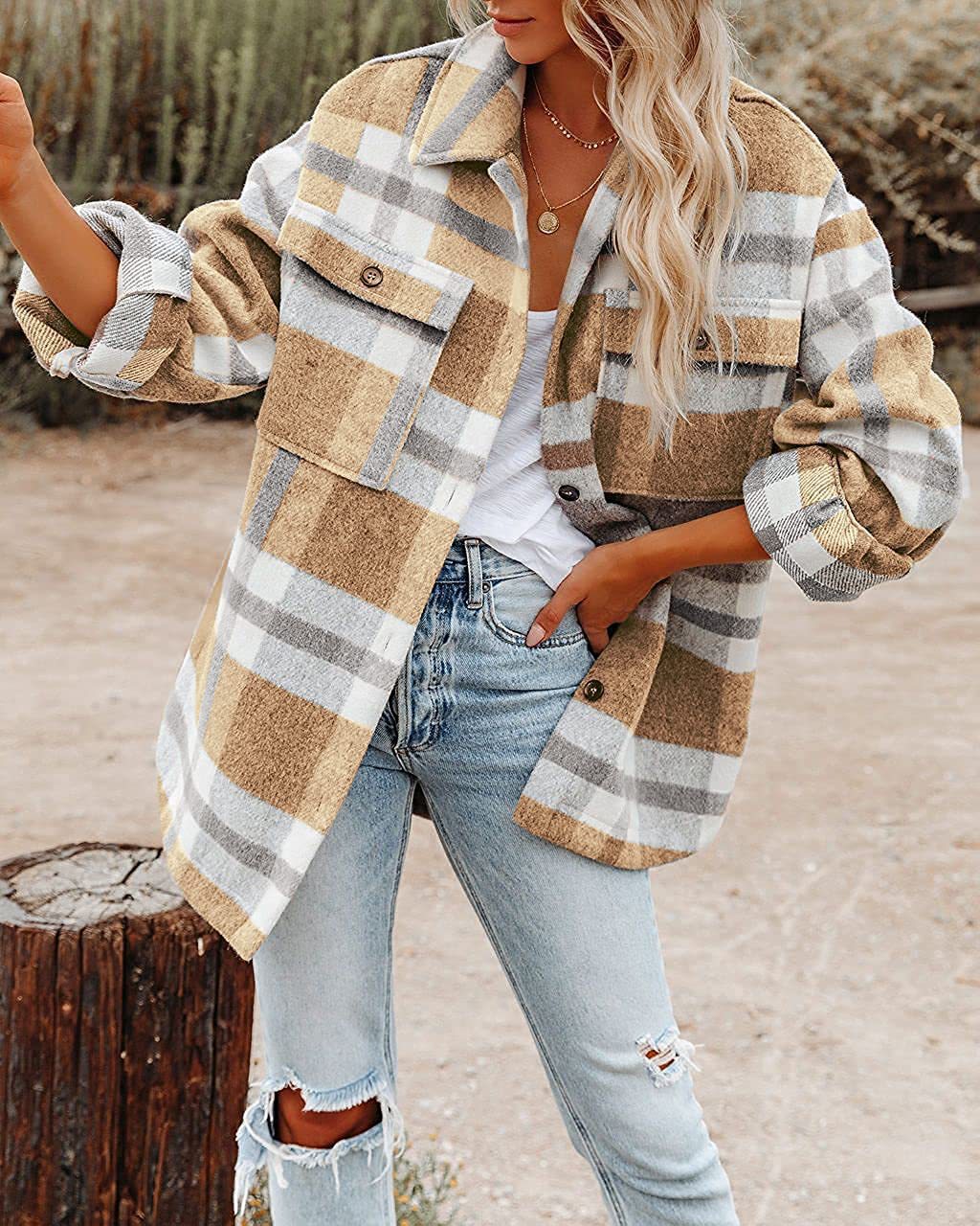 Chic and Stylish Women's Flannel Jacket with Plaid Pattern