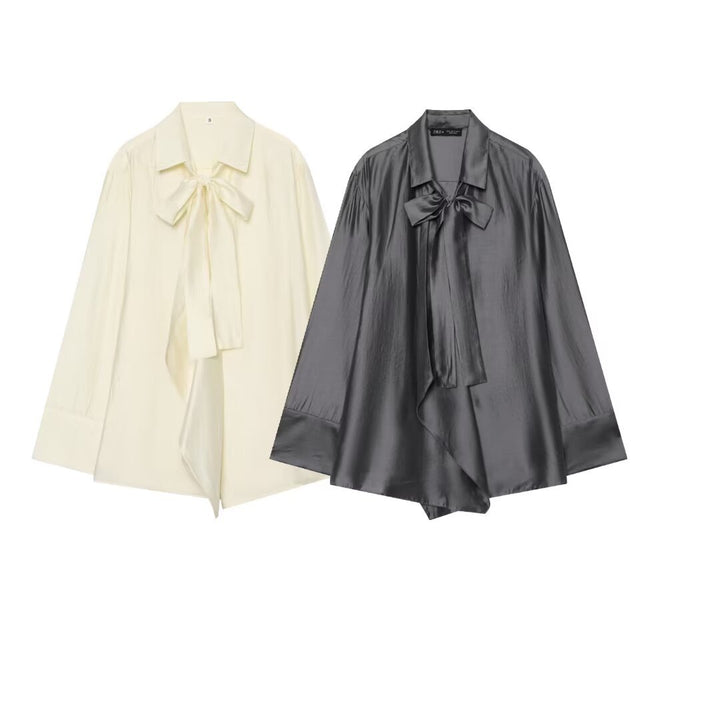 Women's Oversize Silk-Look Blouse with Slip Collar and Asymmetrical Hem