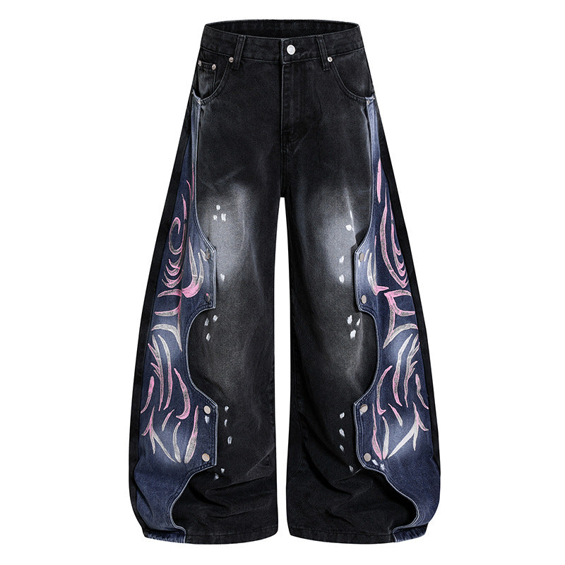 Women's High-Waist wide Balloon-Denim-Culotte with contrast-side Artwork-Panels Amarae