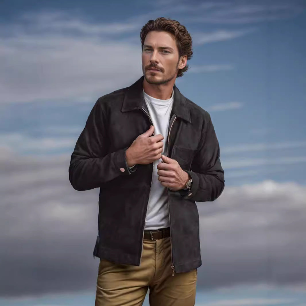 Suede jacket for men with a modern high collar and practical pockets Lune London