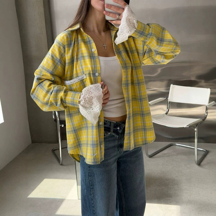 Women’s Oversize Checked Flannel Shirt with Lace Cuffs and Decorative Piping Amarae