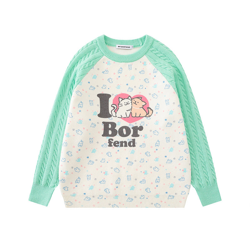 Women's knitted sweater with raglan sleeves, cable pattern sleeves and cartoon cat front print Amarae