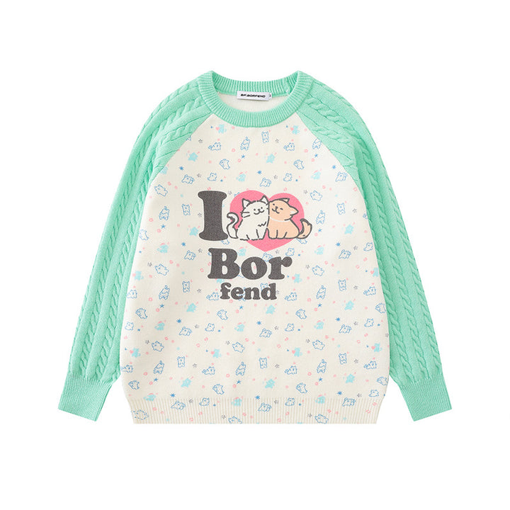 Women's knitted sweater with raglan sleeves, cable pattern sleeves and cartoon cat front print Amarae