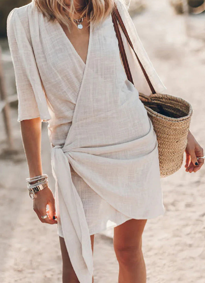 Wrap dress for women with fluid cut and narrow belt Lune London