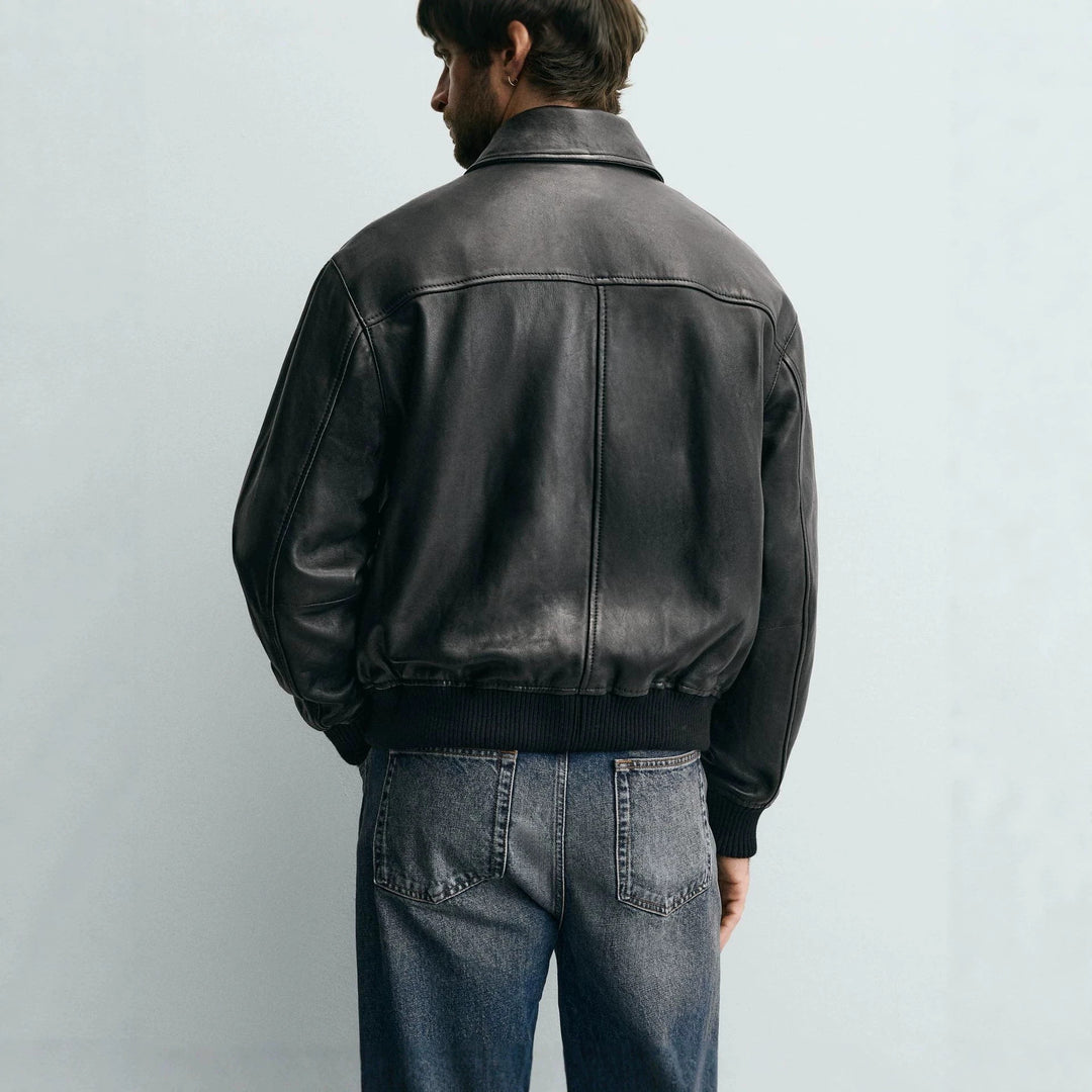 Men's smooth leather blouson in pilot style with shirt collar and patch flap pockets Amarae