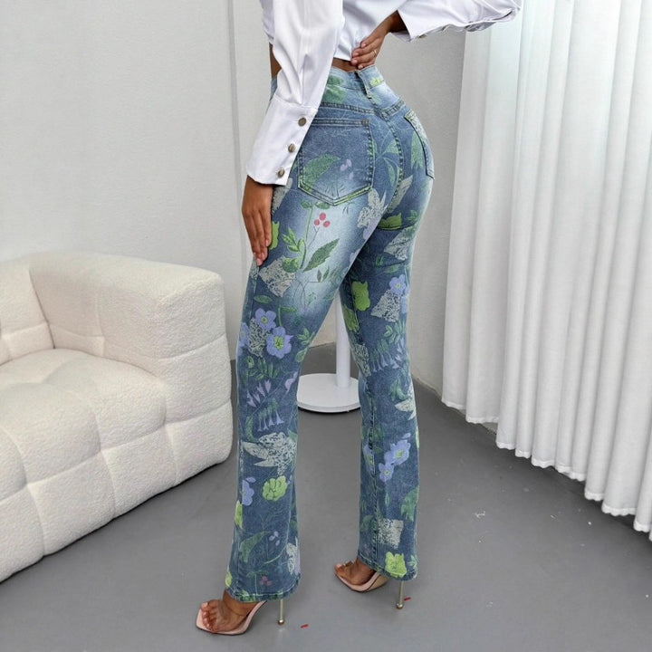 Women's High-Waisted Straight Jeans with Floral Allover Print and Slight Flare Amarae