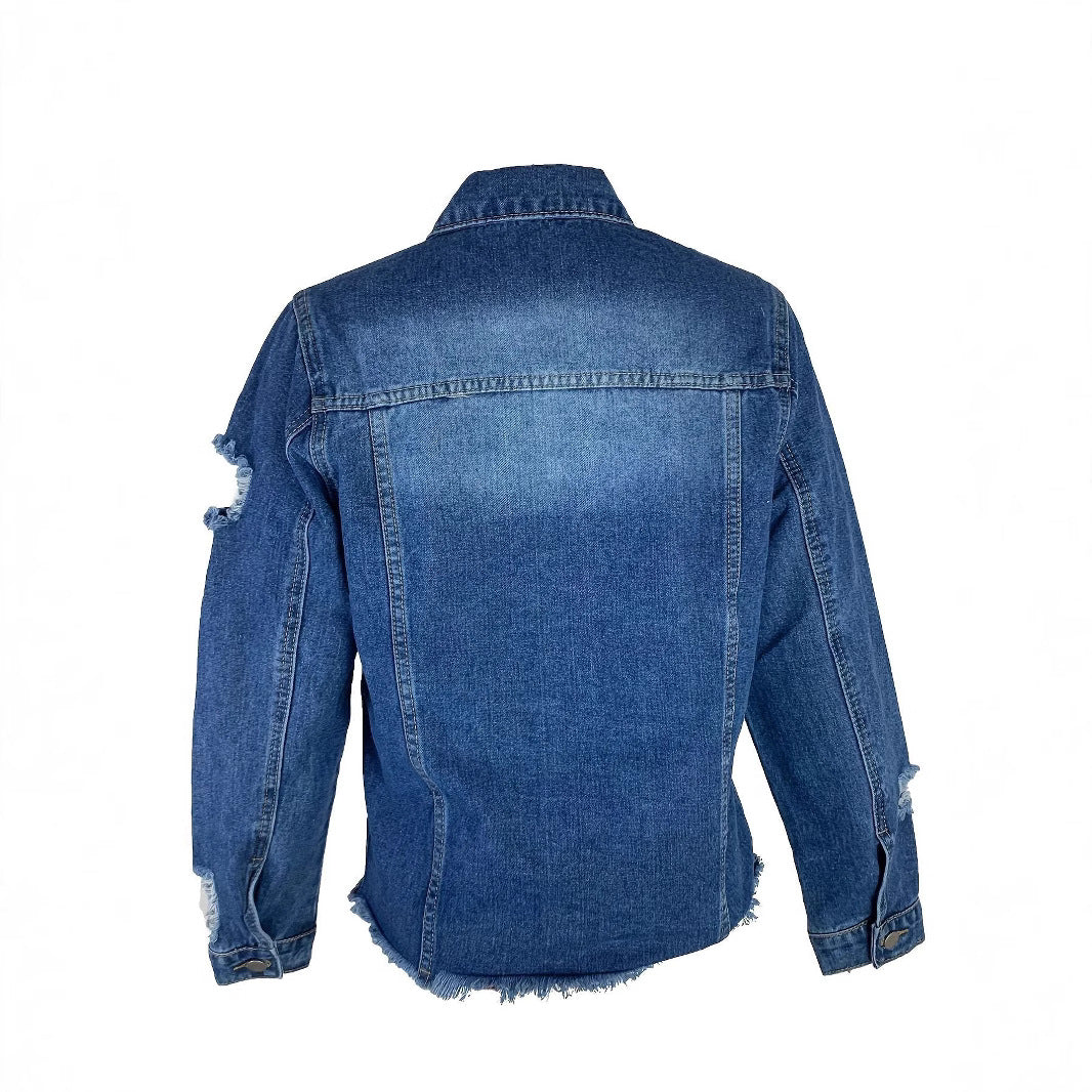 Ladies short cut denim jacket in trucker style with fringe detailing Amarae