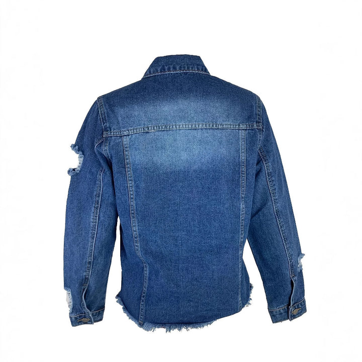 Ladies short cut denim jacket in trucker style with fringe detailing Amarae