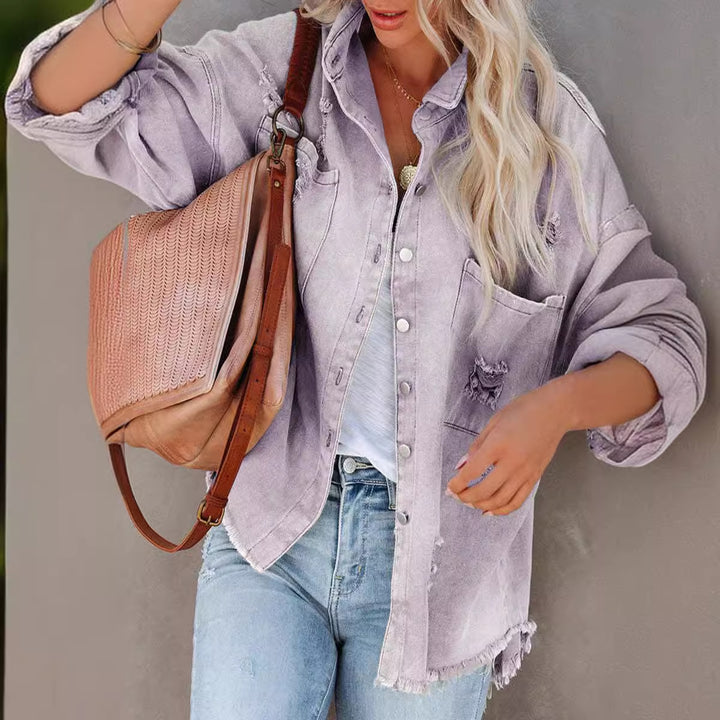 Women's oversized denim jacket in casual vintage style with fringed details
