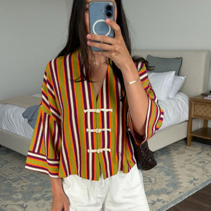 Women's Striped Lightweight Short Blouse with V-Neck, Three-Quarter Sleeves & Decorative Knot Closures Amarae