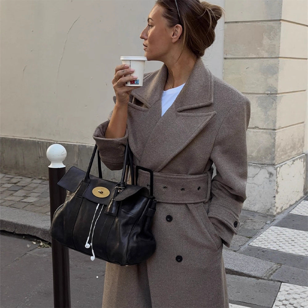 Women Maximal Wool Coat with Double-Breasted Button Placket and Wide Waist Belt Amarae