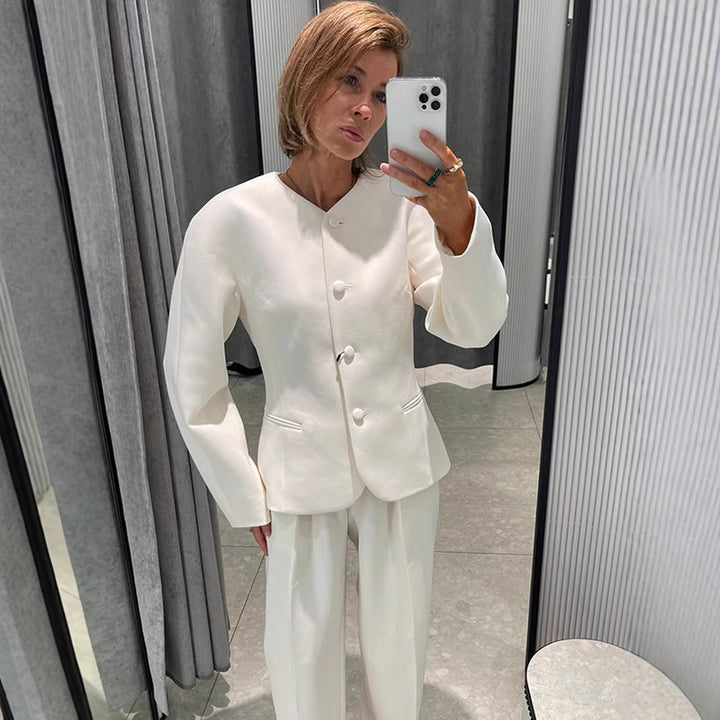 Women Short Blazer with Sculptural Shoulder, Rounded Neckline and Concealed Button Placket Amarae