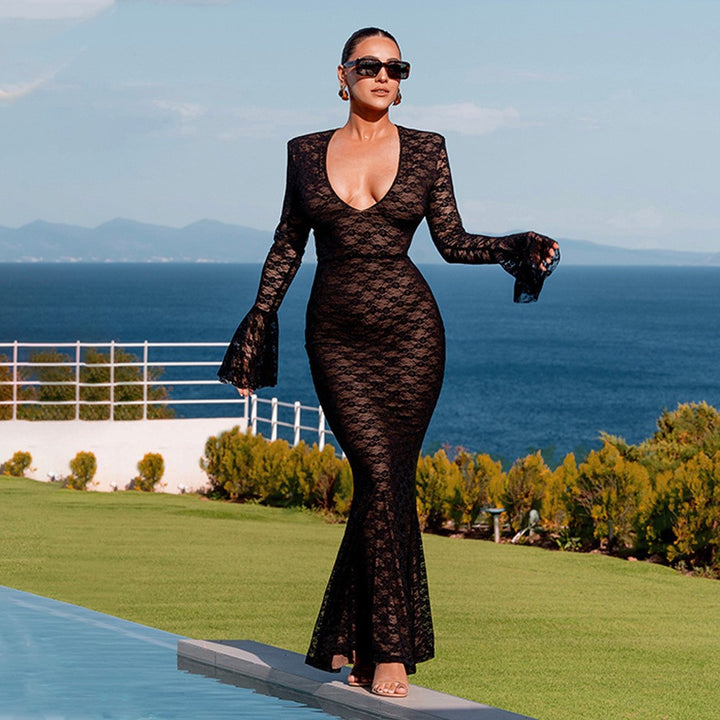 Elegant lace evening dress for women with deep V-neck and long bell sleeves Lune London