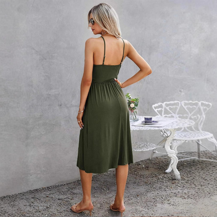Midi dress for women with an elegant V-neck and delicate frill details Lune London