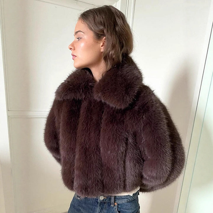 Women's Short Cropped Faux Fur Jacket with Voluminous Shawl Collar and Boxy Silhouette Amarae