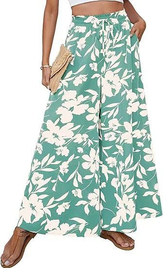 Lune London Women's Wide Leg Beach Pants with Floral Pattern