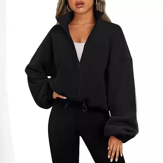 Casual fleece pullover for women with high collar and drawstring Lune London
