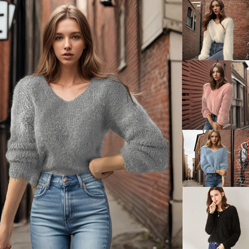 Ladies viscose sweater with voluminous sleeves and V-neck Amarae