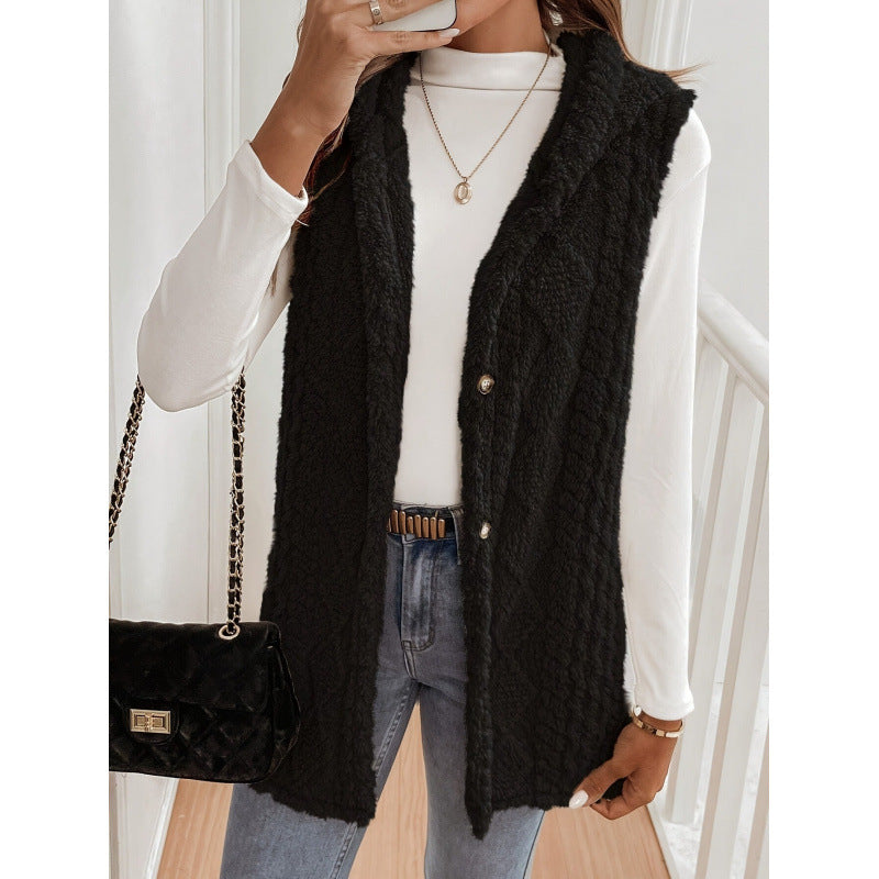 Women's Hooded Teddy Vest with Structured Cable Knit Pattern and Decorative Button Placket Amarae