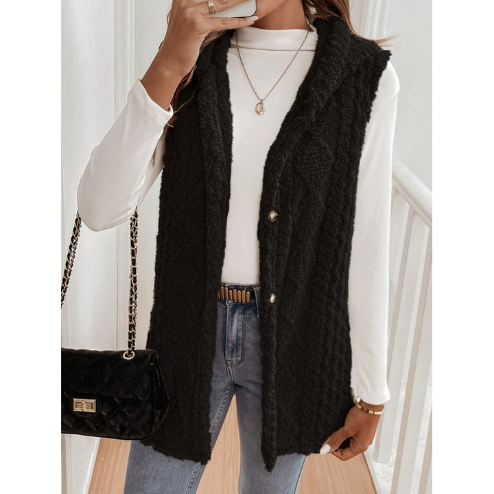 Women's Hooded Teddy Vest with Structured Cable Knit Pattern and Decorative Button Placket Amarae