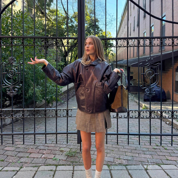 Women Short Boxy Faux Leather Blouson with Geometric Stitch Details and Shirt Collar Amarae