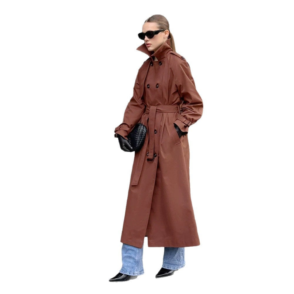 Women long cut water-repellent trench coat with high stand-up collar and waist belt Amarae