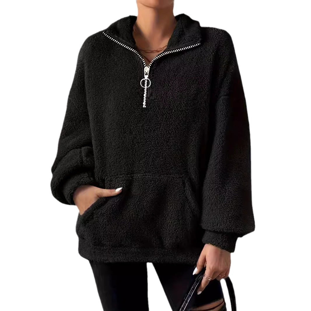 Women's Cozy Fleece Pullover with Half Zipper and Side Pockets Lune London