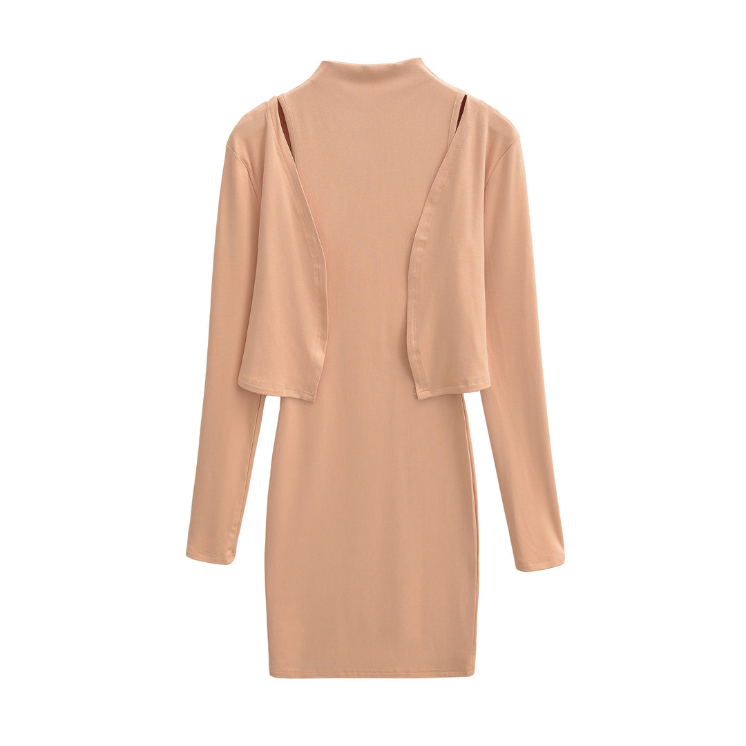 Ladies Figured Close-Fitting Midi Dress with Integrated Bolero and Stand-Up Collar Amarae
