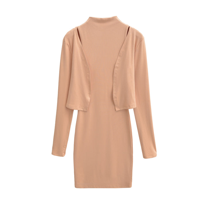 Ladies Figured Close-Fitting Midi Dress with Integrated Bolero and Stand-Up Collar Amarae