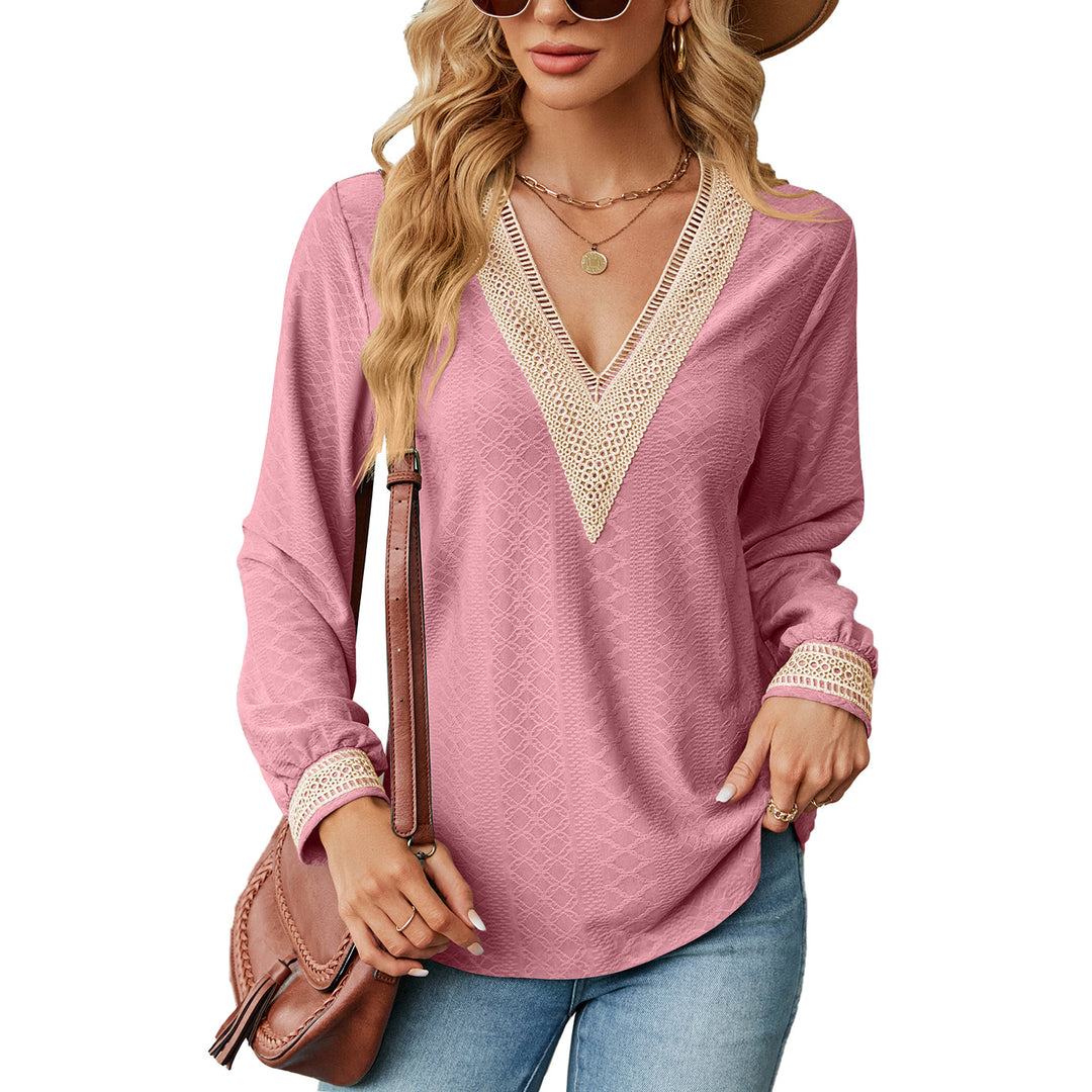 Long sleeve blouse shirt for women with decorative V-neck and crochet elements Lune London