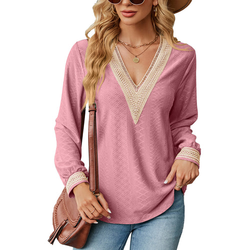 Long sleeve blouse shirt for women with decorative V-neck and crochet elements Amarae