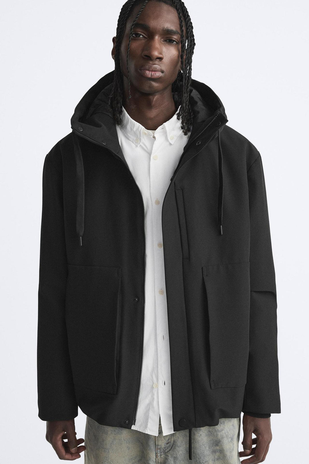 Men's water-repellent hooded jacket in boxy cut with concealed zipper placket and extra large pockets Amarae