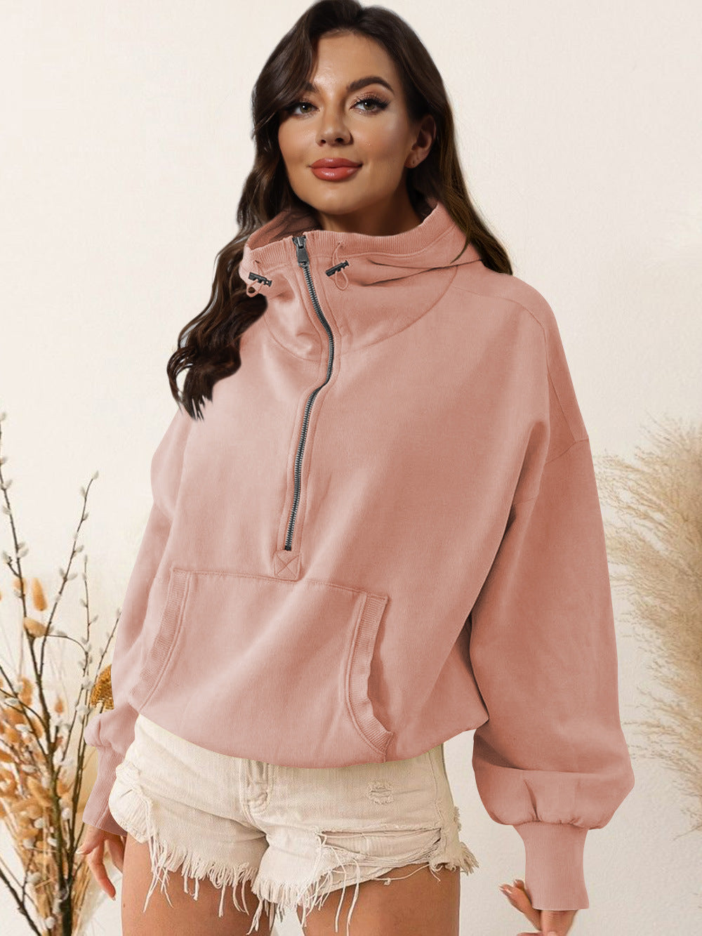 Urban hoodie for women with half zipper and practical kangaroo pocket Lune London