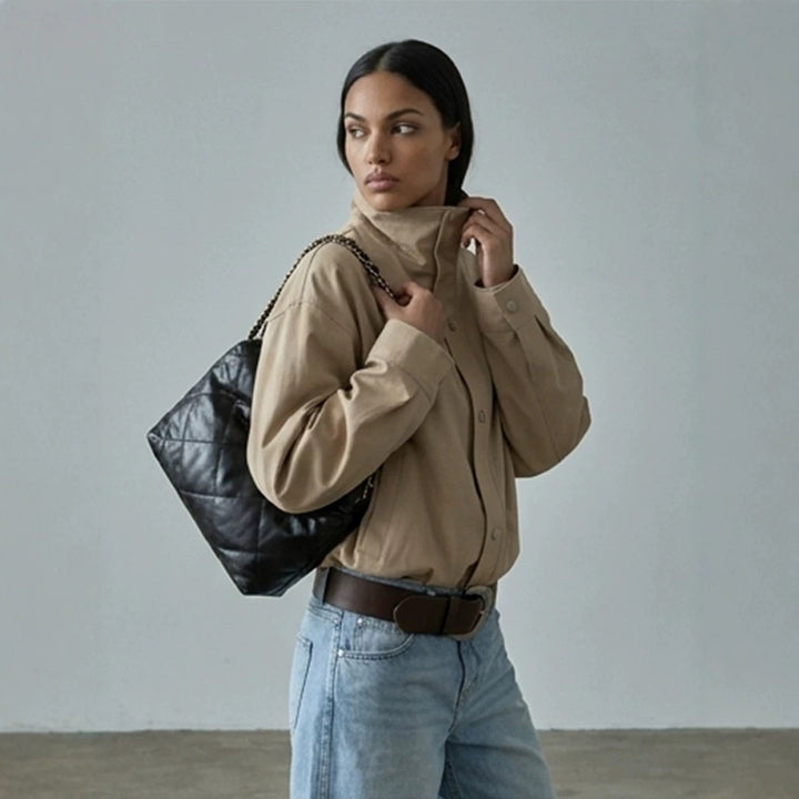 Women Short Boxy Canvas Jacket with High Stand-Up Collar and Snap Button Placket Amarae