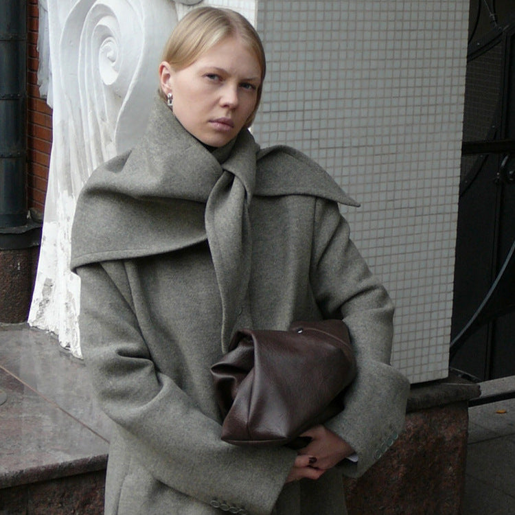 Women's Mid-length Wool Blend Coat with Integrated Loop Scarf Amarae